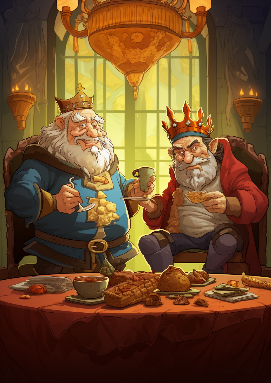 Cartoon-style medieval man feeding king