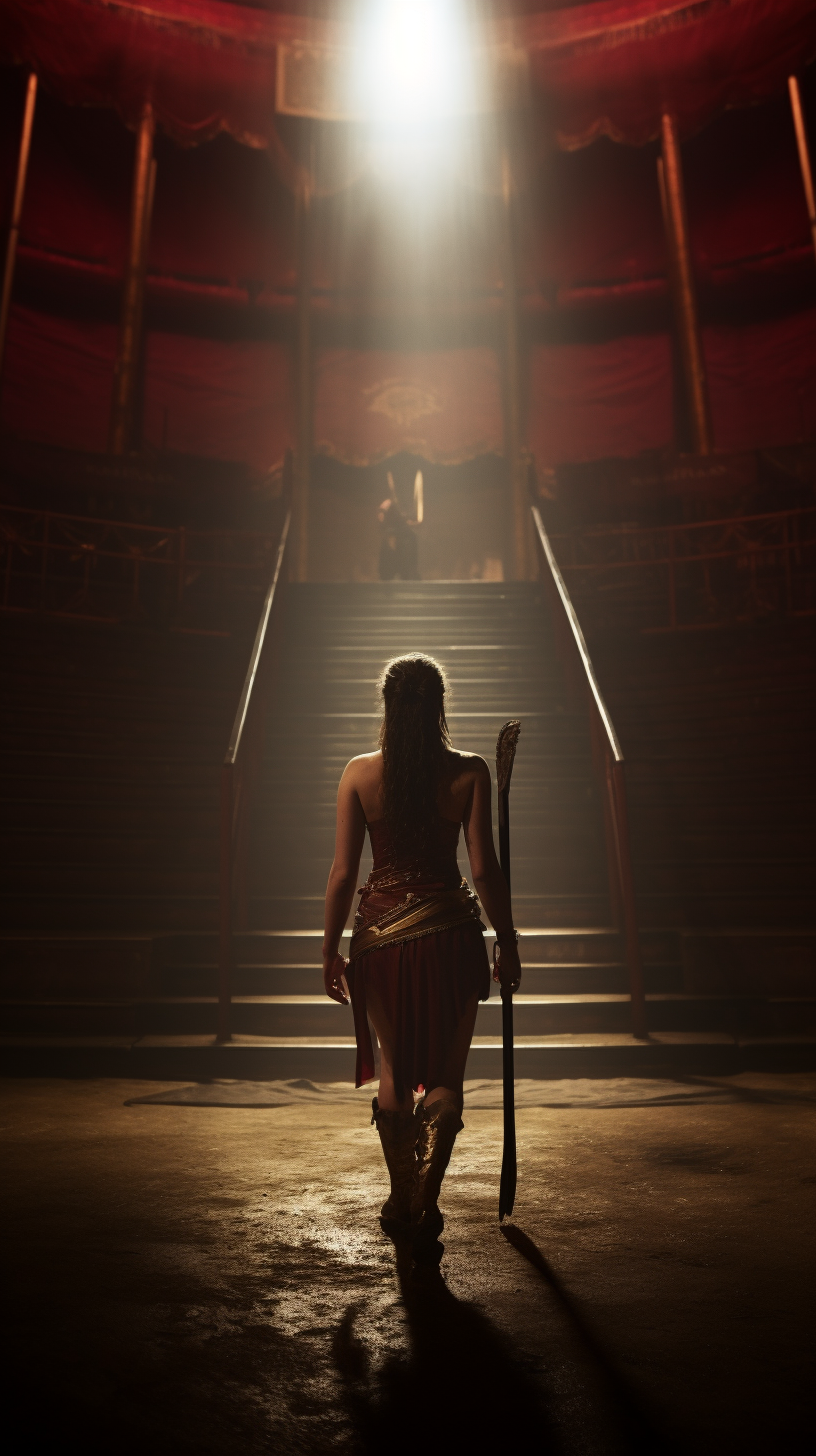 Female gladiator prisoner entering medieval fight arena