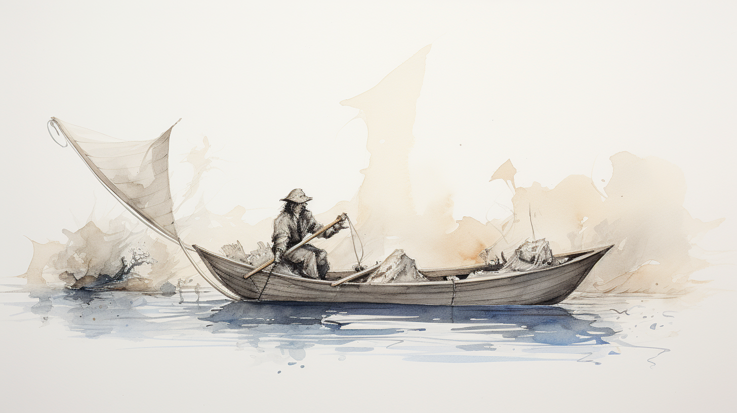 Medieval fisherman casting nets in a boat