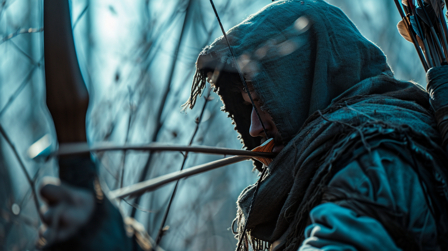 Astonishing medieval hooded archer with an English bow