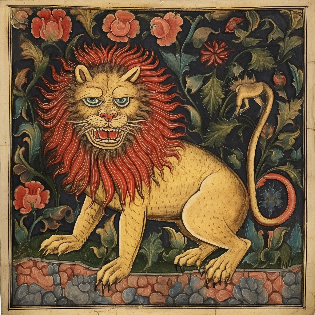 Mythical manticore creature in medieval illuminated manuscript style