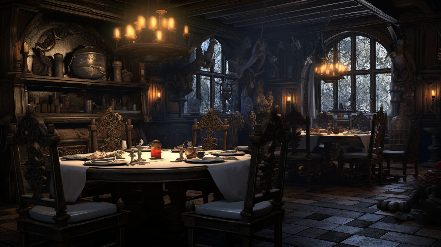 Dimly lit medieval dining room