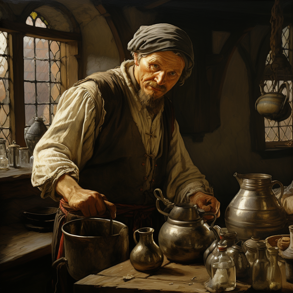 Innkeeper pouring drink in medieval setting