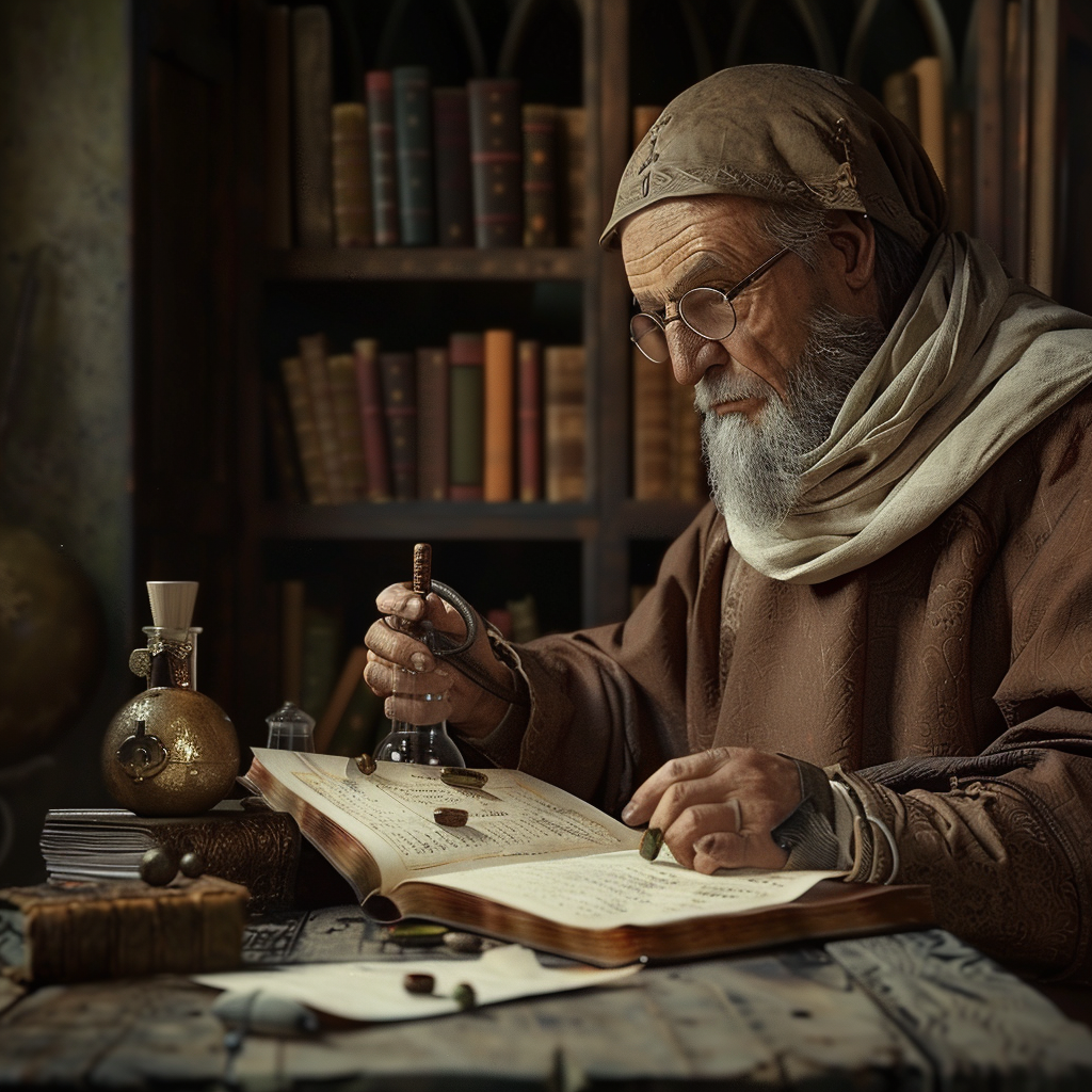 Italian scientist in medieval setting