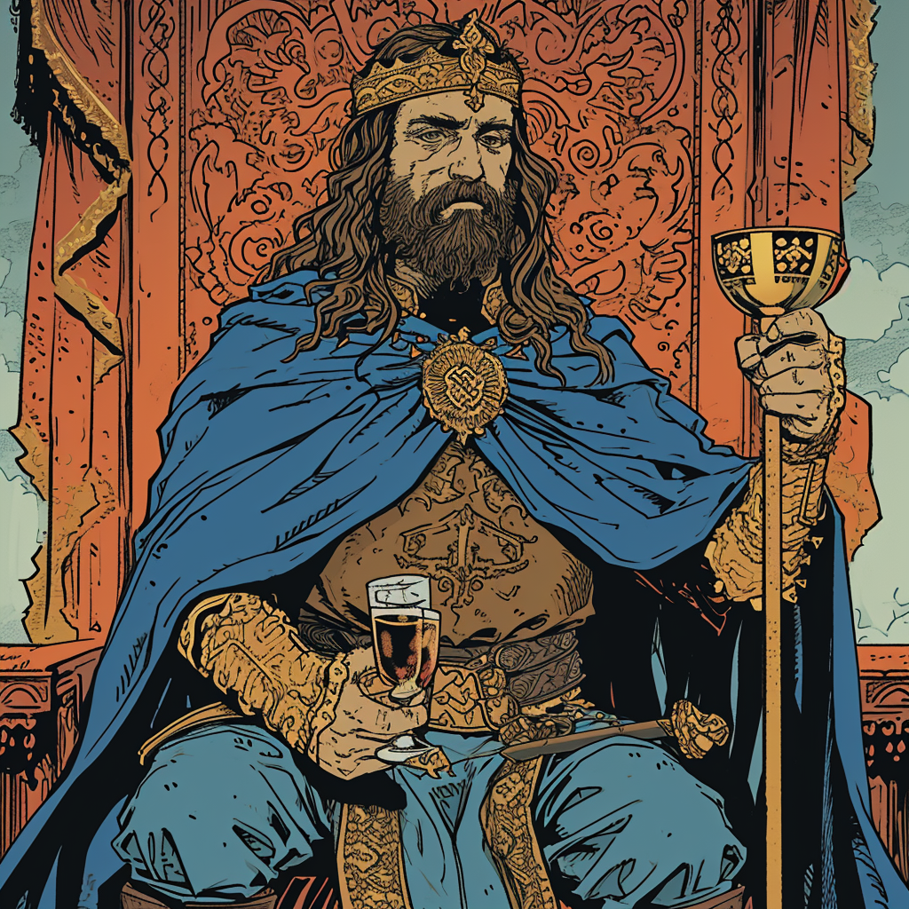 Medieval king drinking wine with blue cape