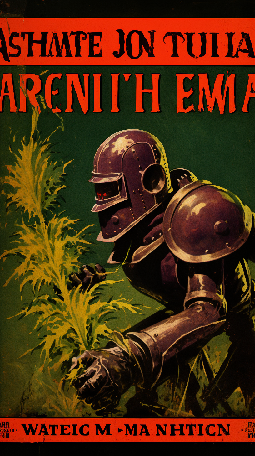 Medieval knight cultivating marijuana plants