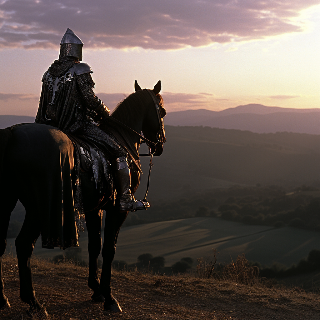 Brave medieval knight on a sunset hill