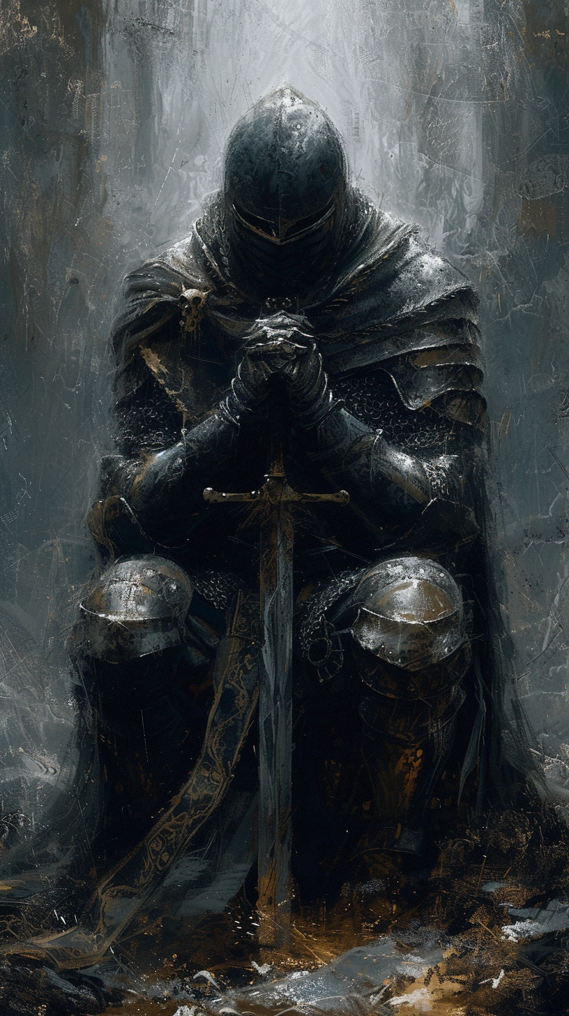 Medieval knight praying in dark oil painting