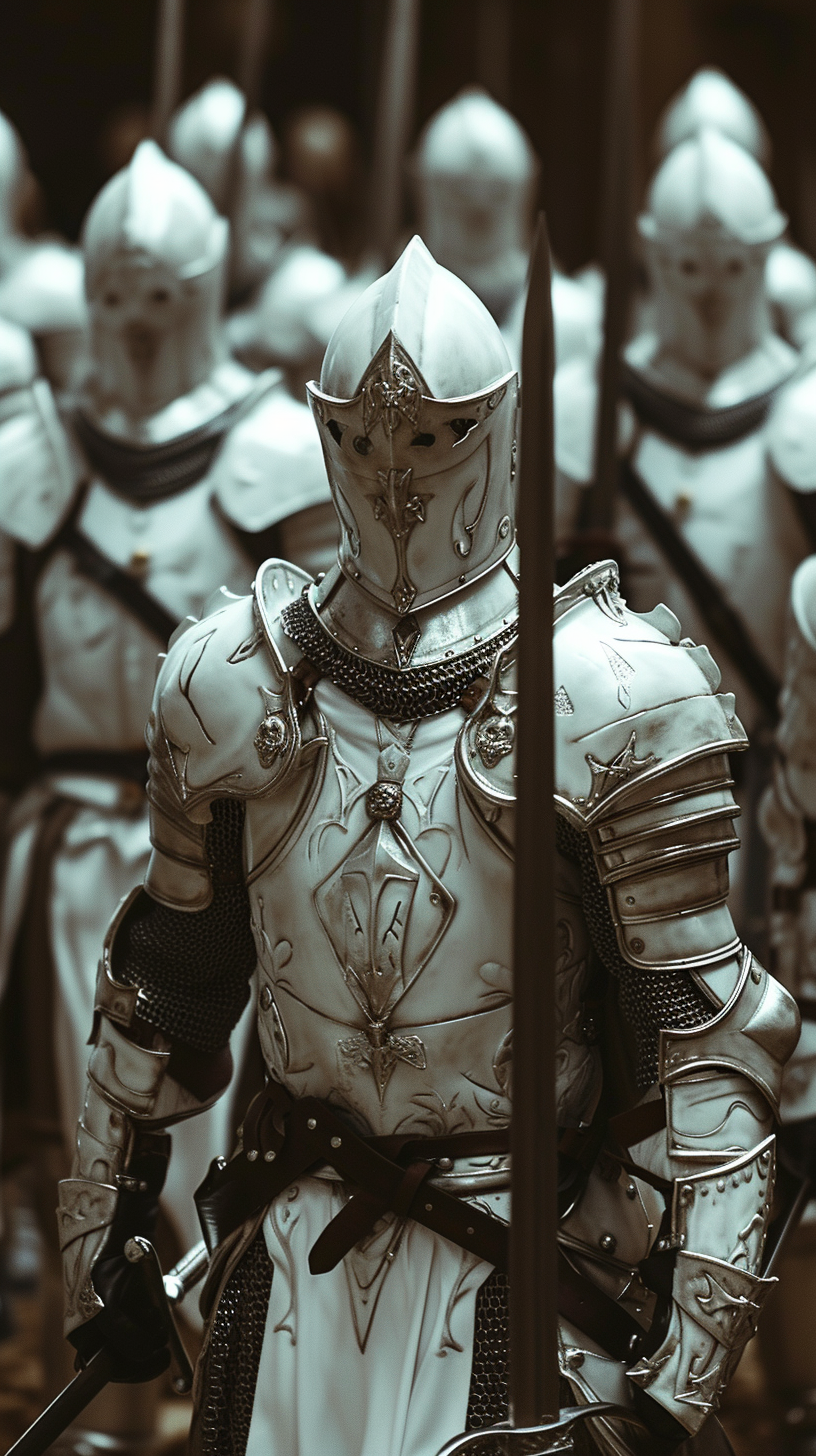 Medieval knights in white armor with black swords