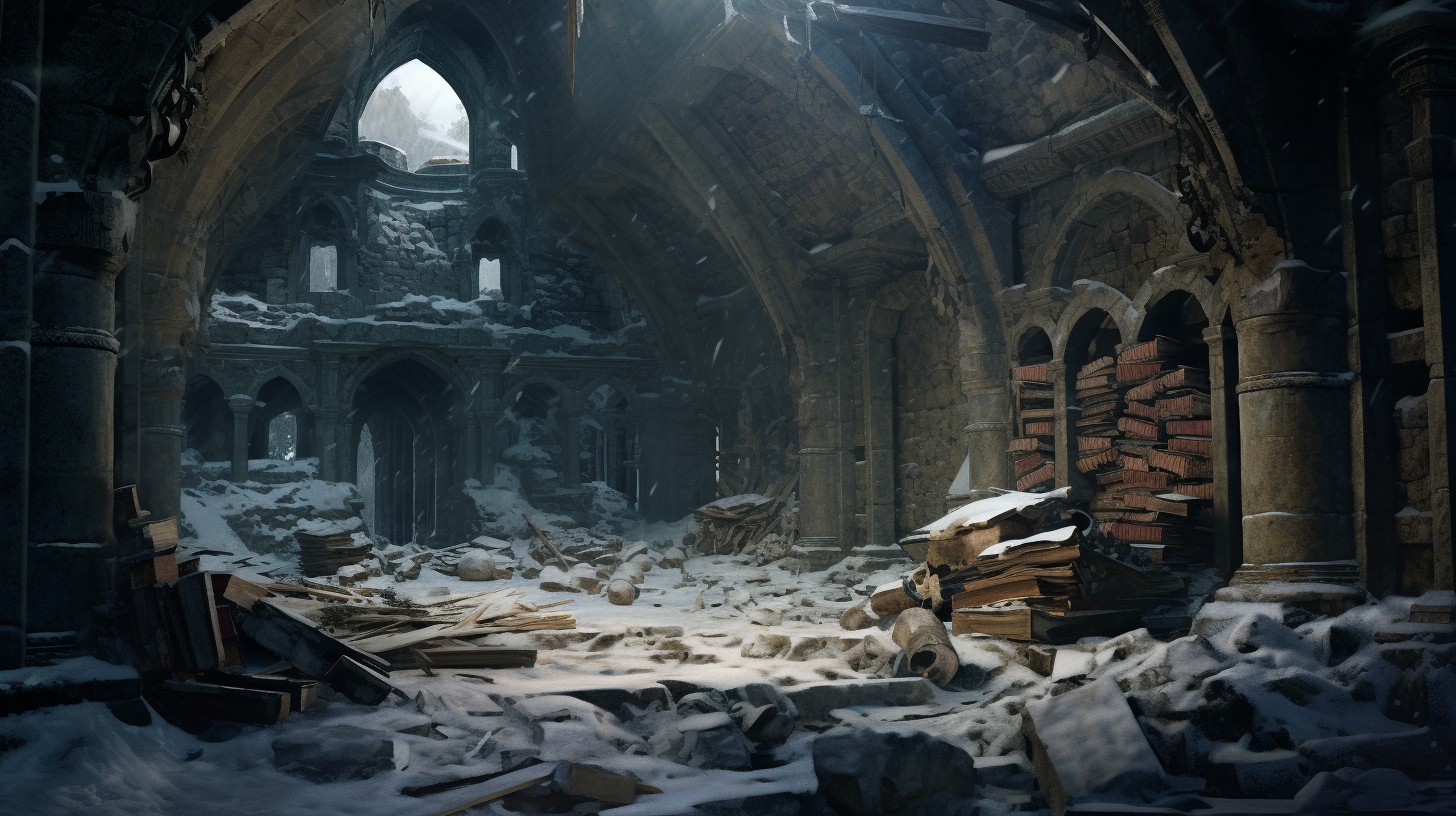 Medieval library ruins covered in snow