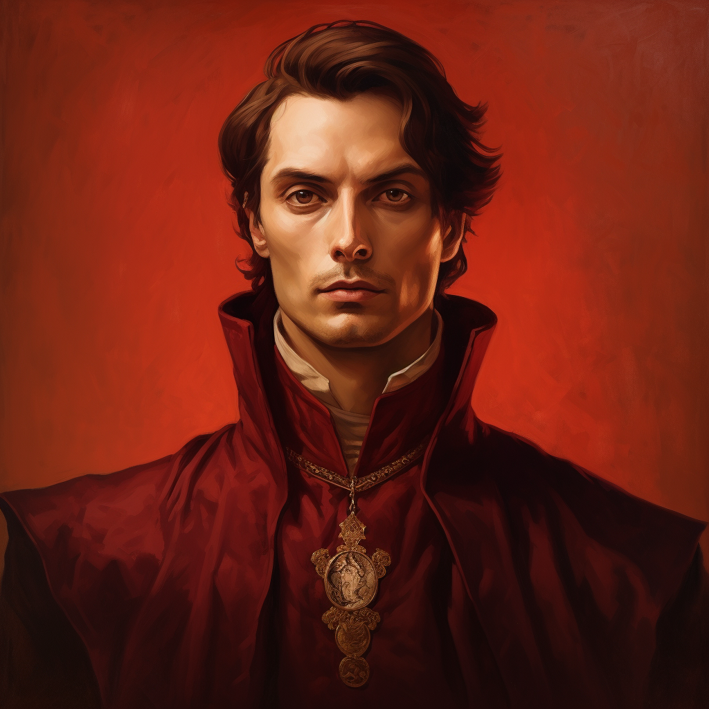 Handsome medieval lord vampire on red background