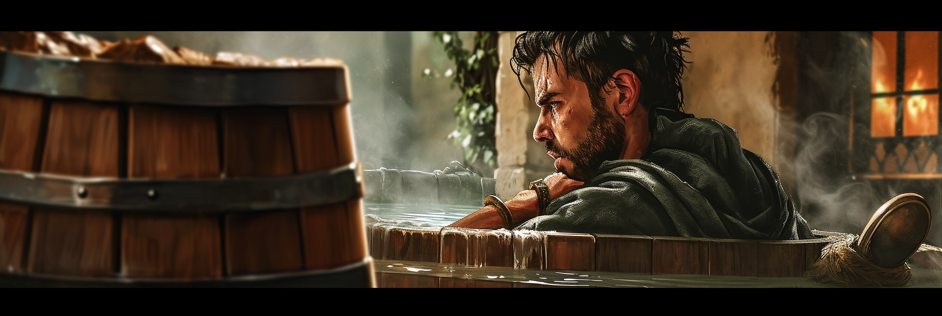 Handsome medieval male relaxing in wooden tub