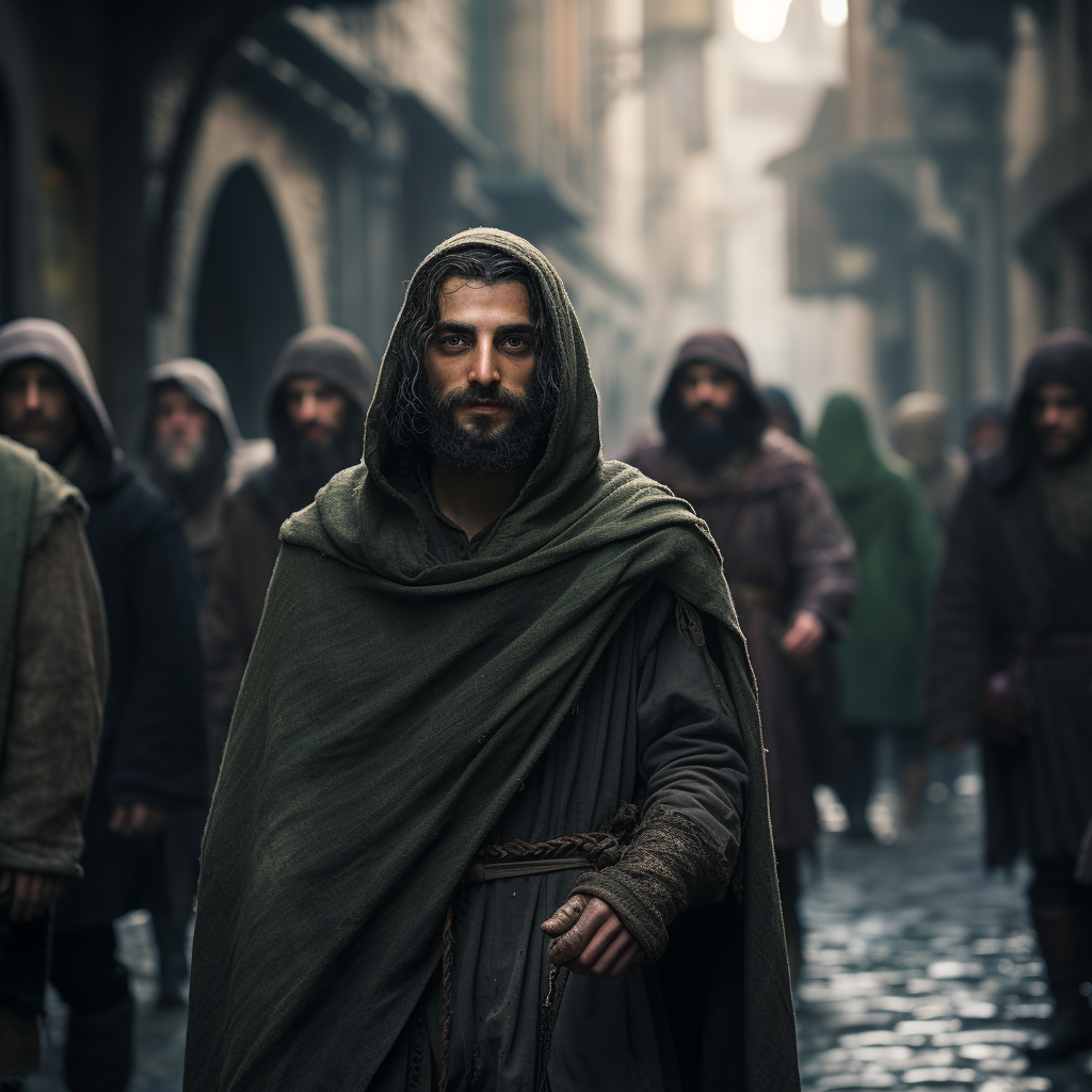 Medieval Man in Green Robe Walking