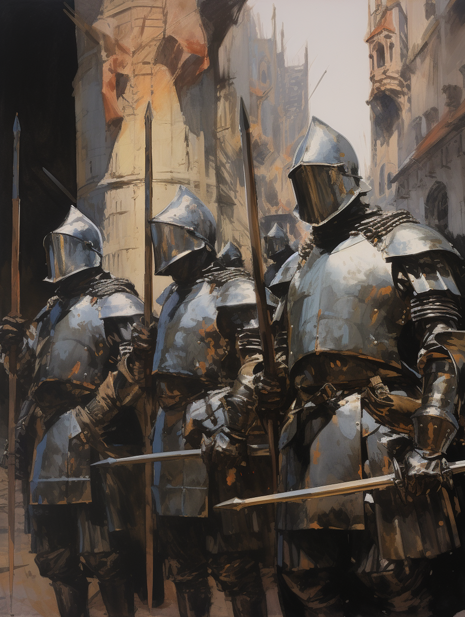 Medieval militia in armor and weapons