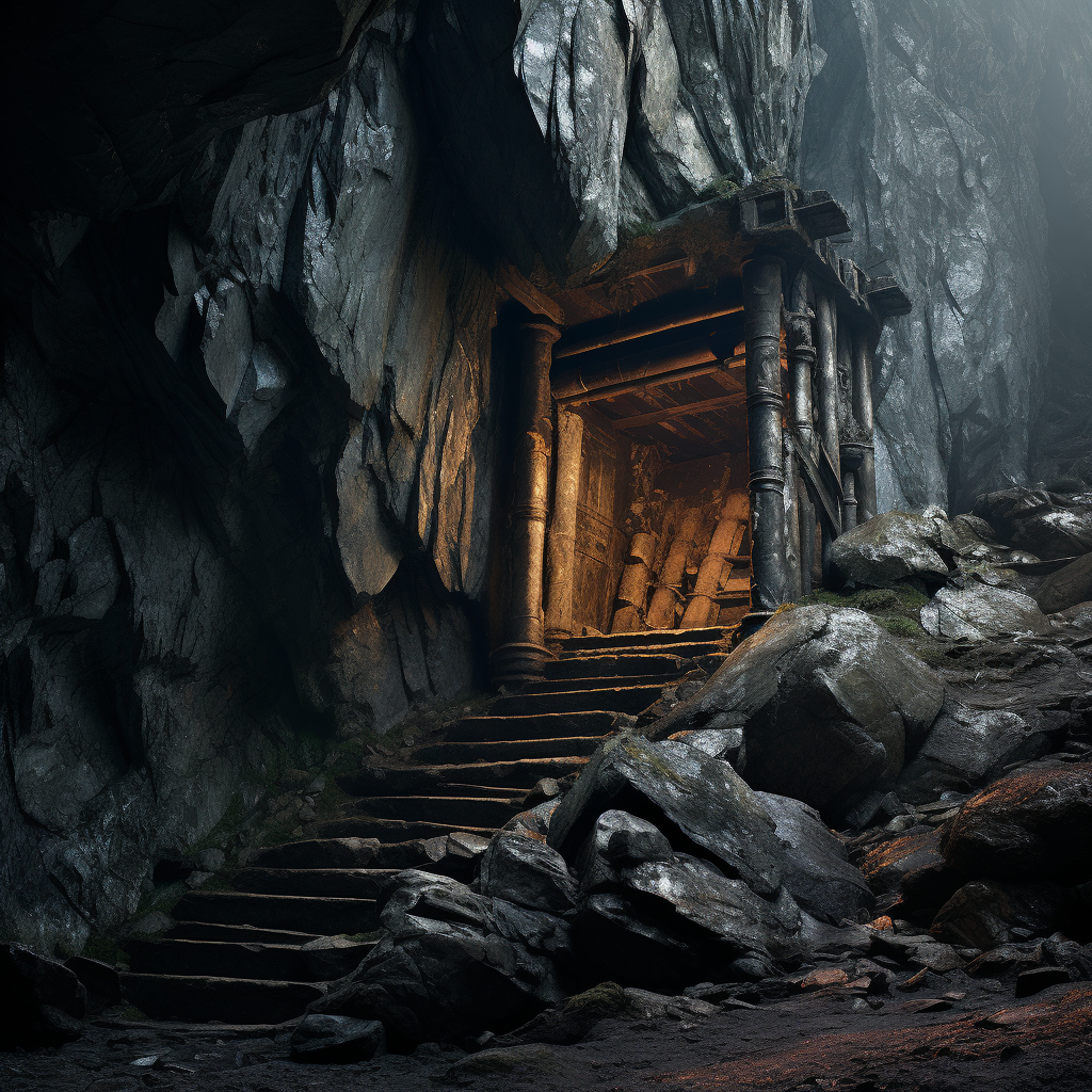 Medieval mine entrance with faint light