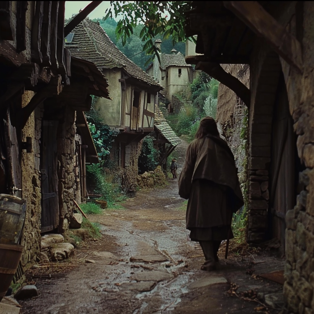 Medieval peasant walking in village