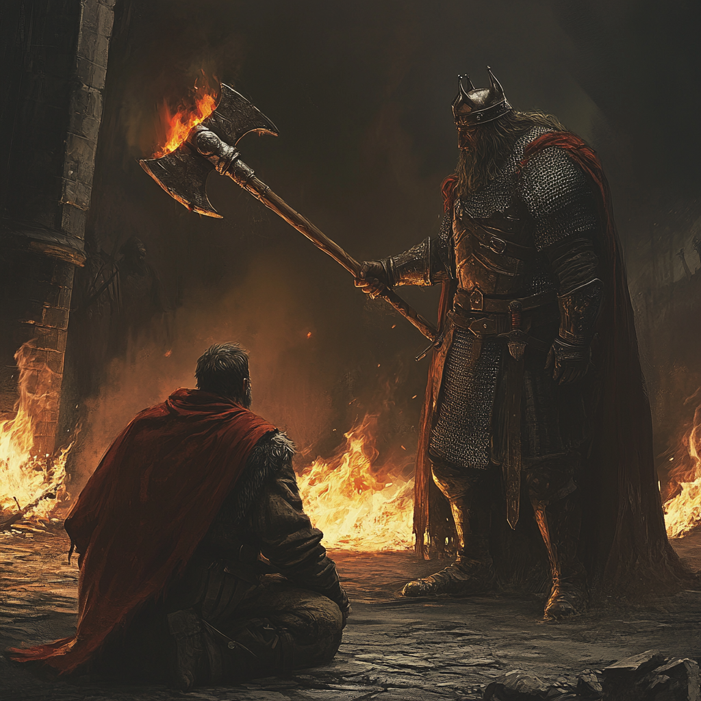 medieval peasant pleading to viking king with flaming axe.