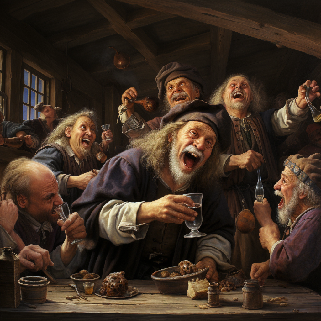 Fun-loving medieval peasants enjoying drinks and laughter