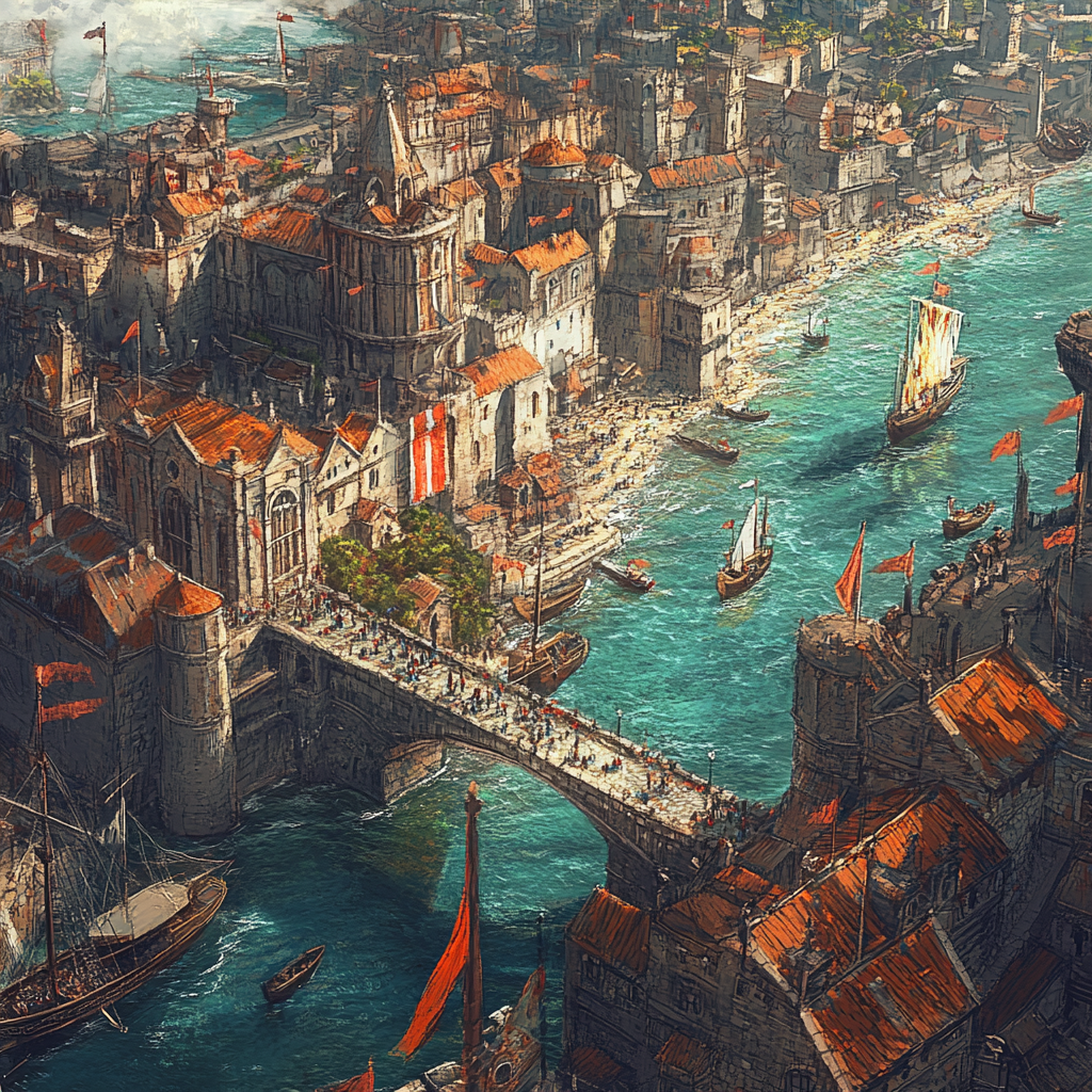 Medieval port city fantasy art scene