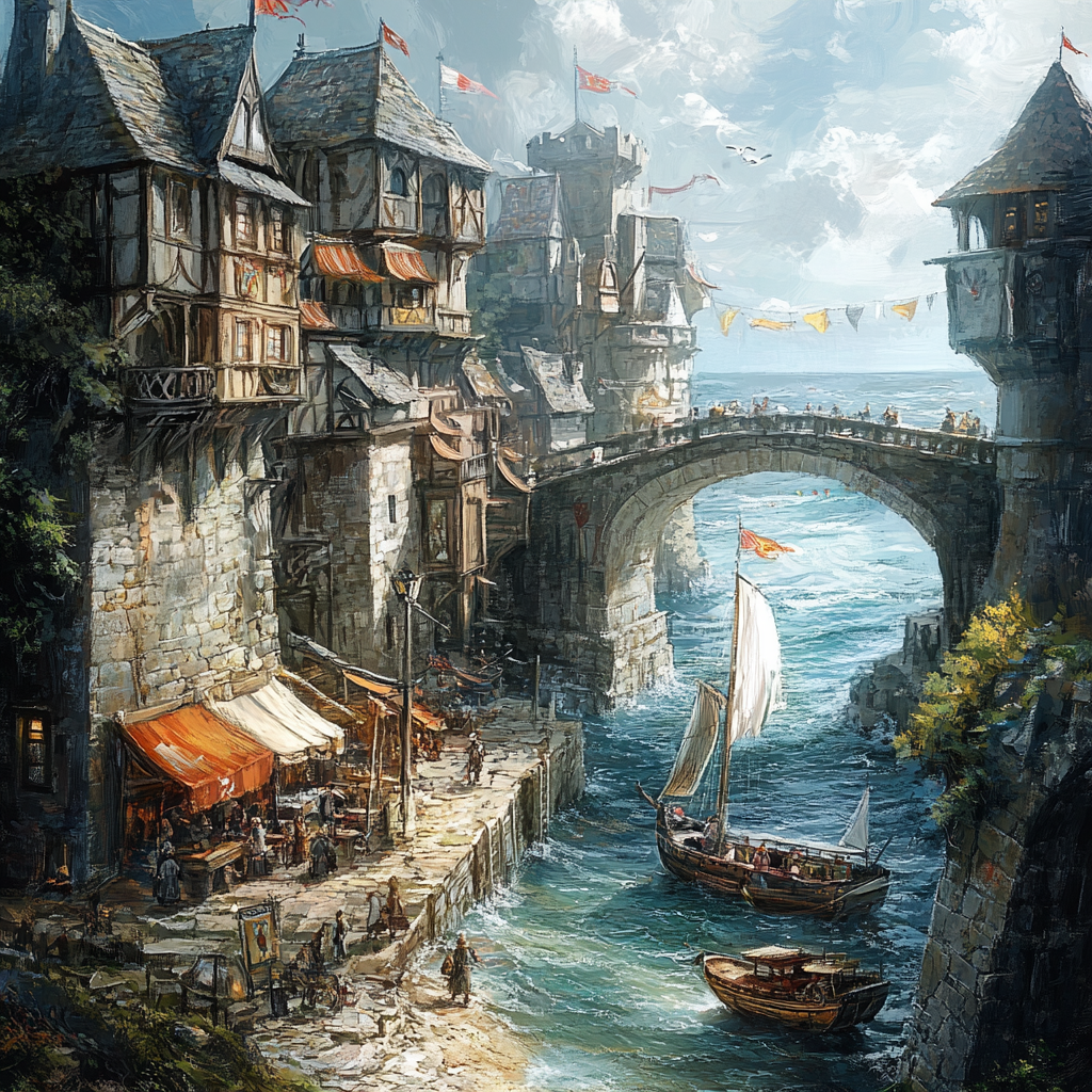 Medieval port city with vendors and flags