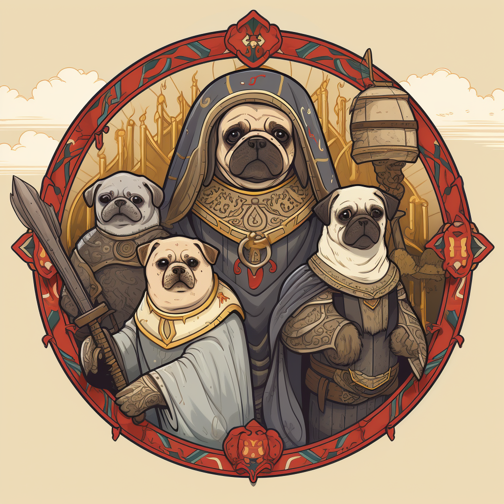 Cute pugs in medieval doodles