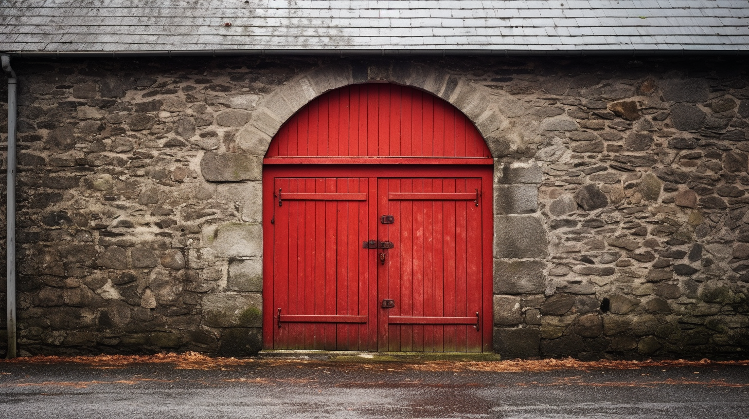 Small medieval red barn with closed doors