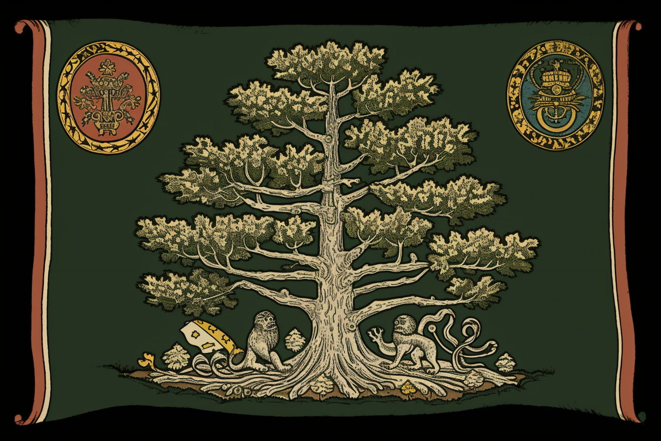 Crest with flags, vexillology, and seashell on pine tree