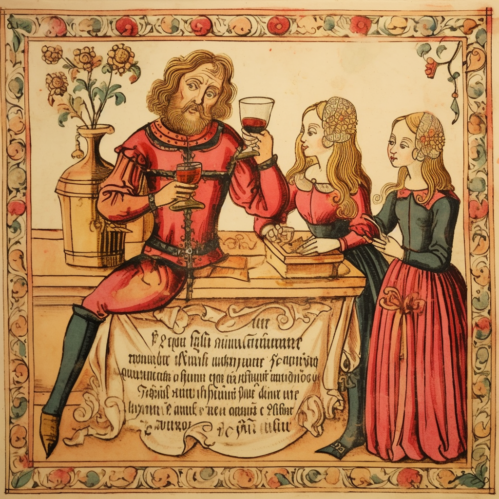 Medieval caricature of a wealthy man surrounded by girls and wine