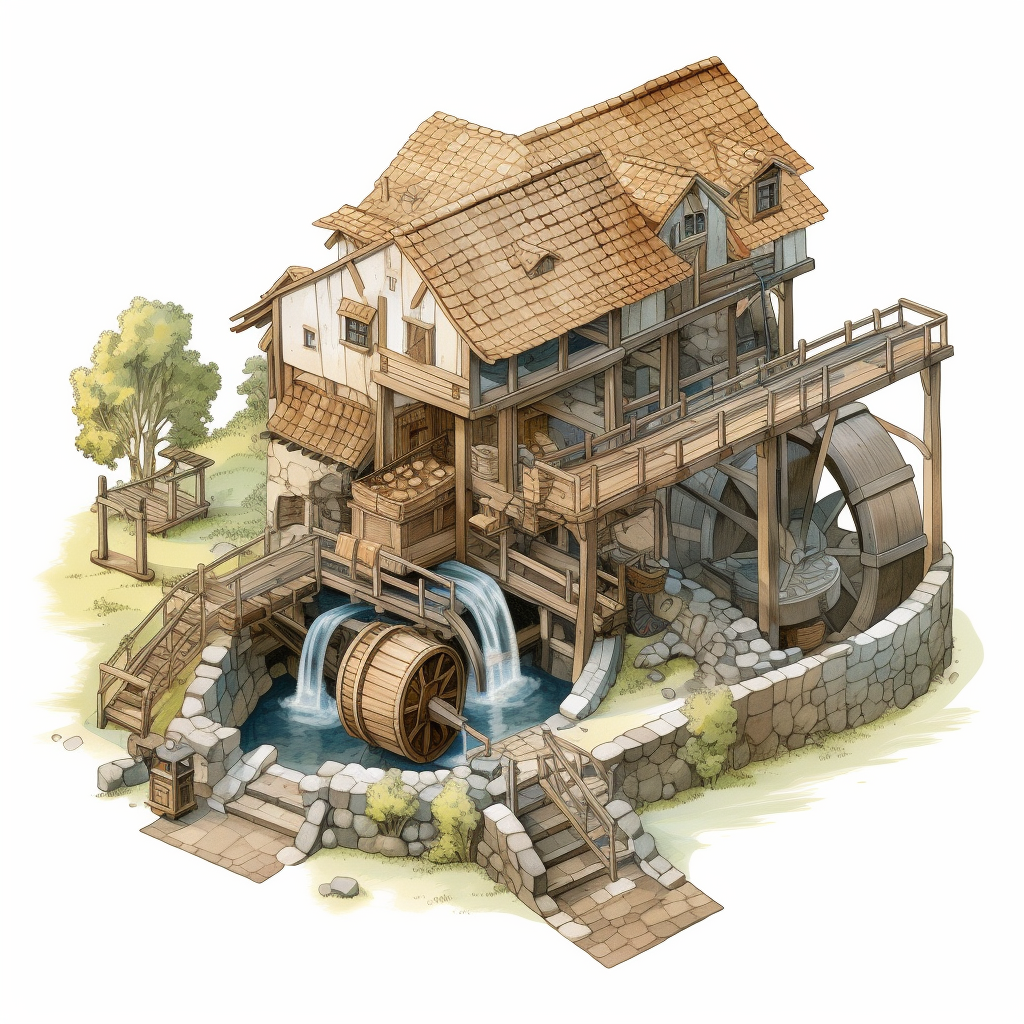 Isometric drawing of a medieval sawmill