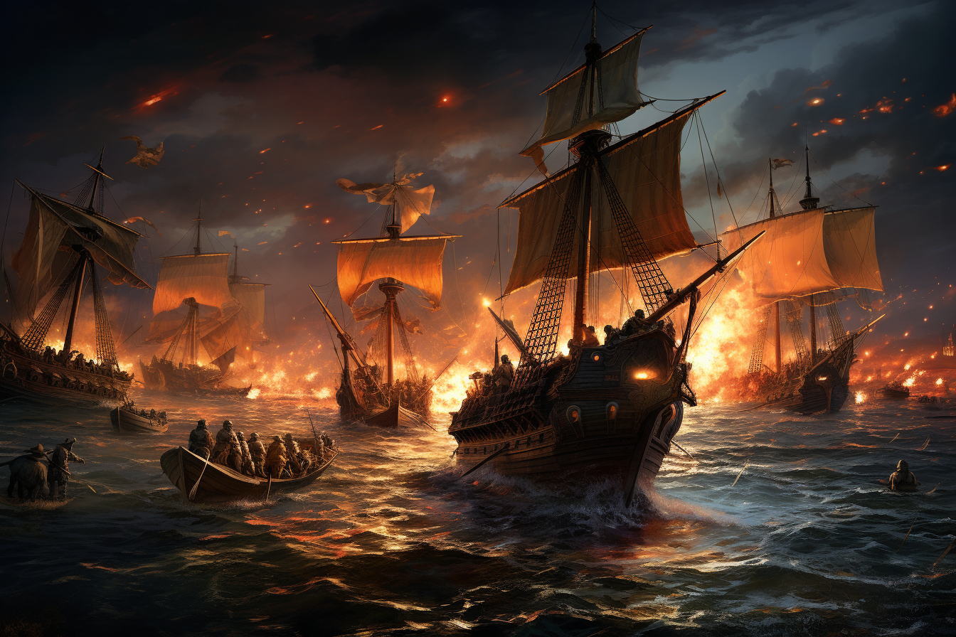 Medieval ships engaged in fierce combat