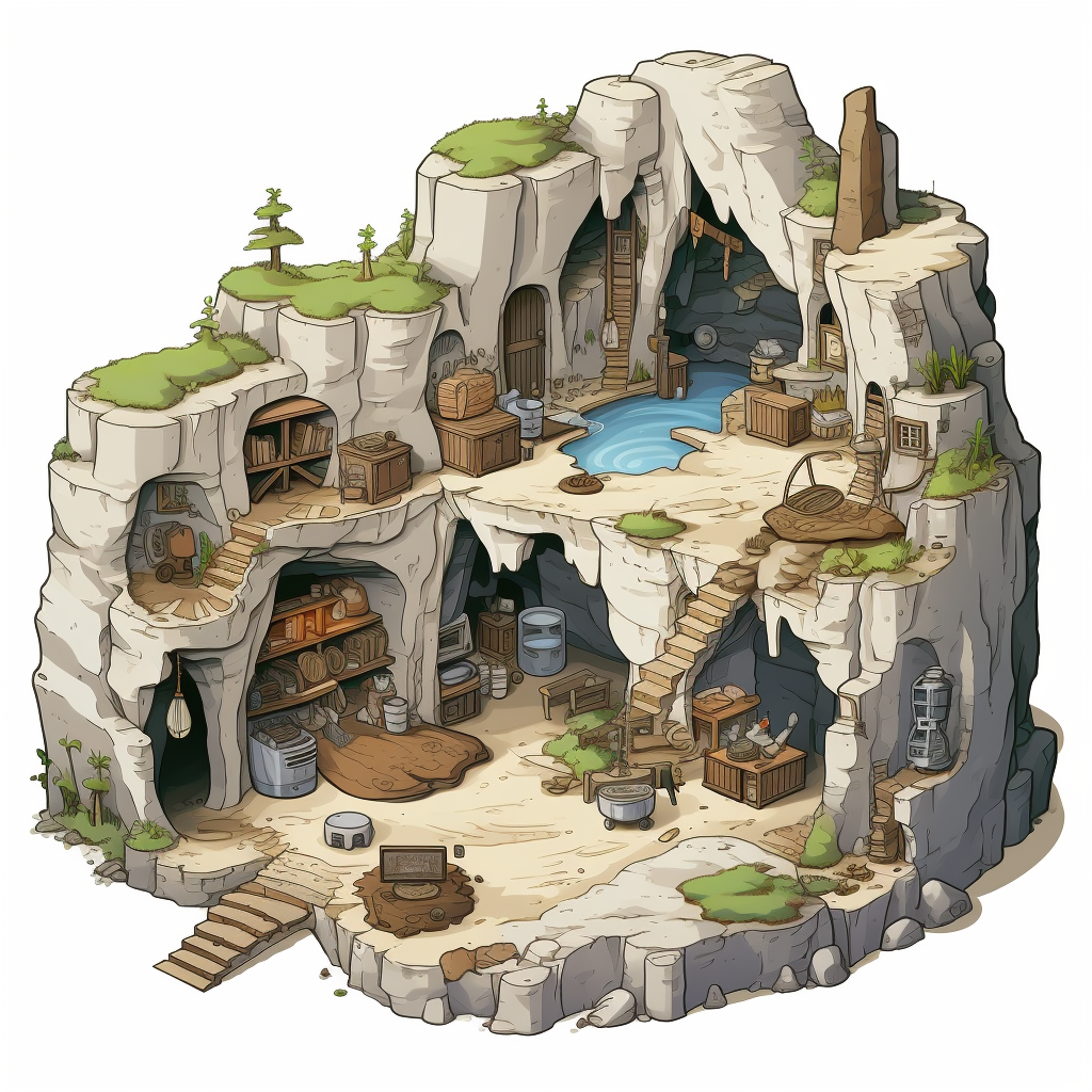 Isometric drawing of a medieval spy cave hideout