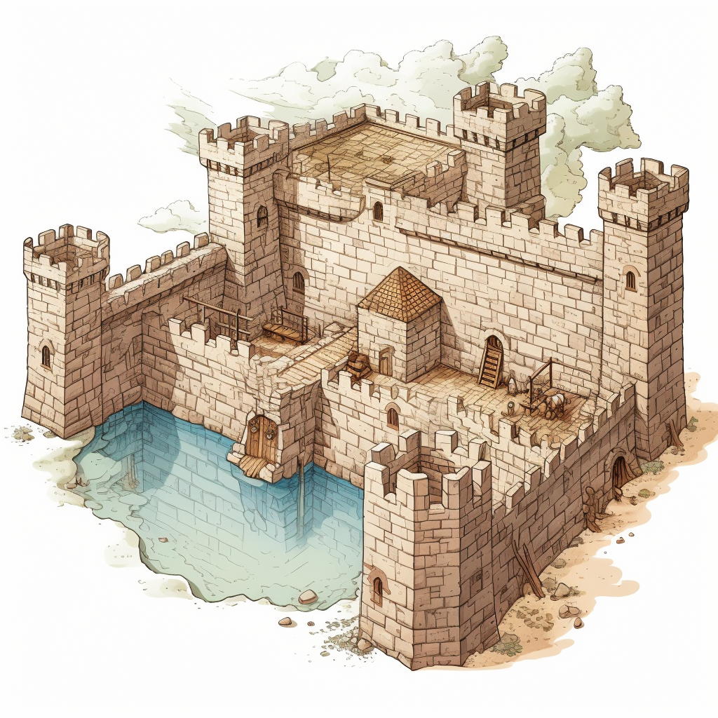 Isometric drawing of medieval stone wall with moat