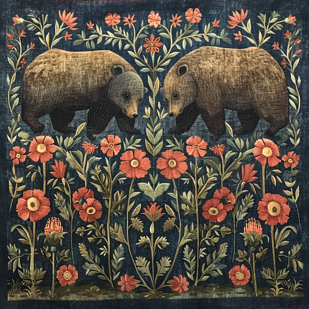 Medieval Tapestry Bears Flowers Blue Green