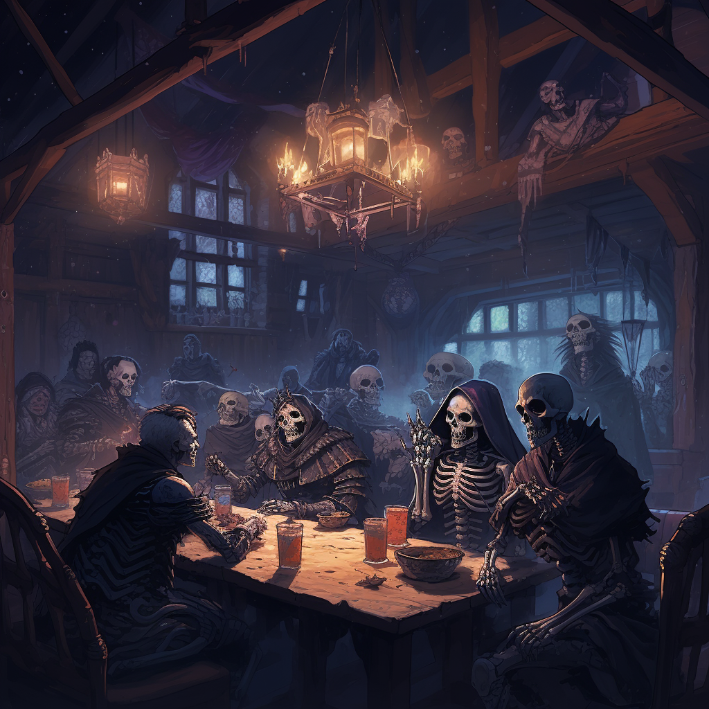 Skeletons in Dark Robes Drinking Beer