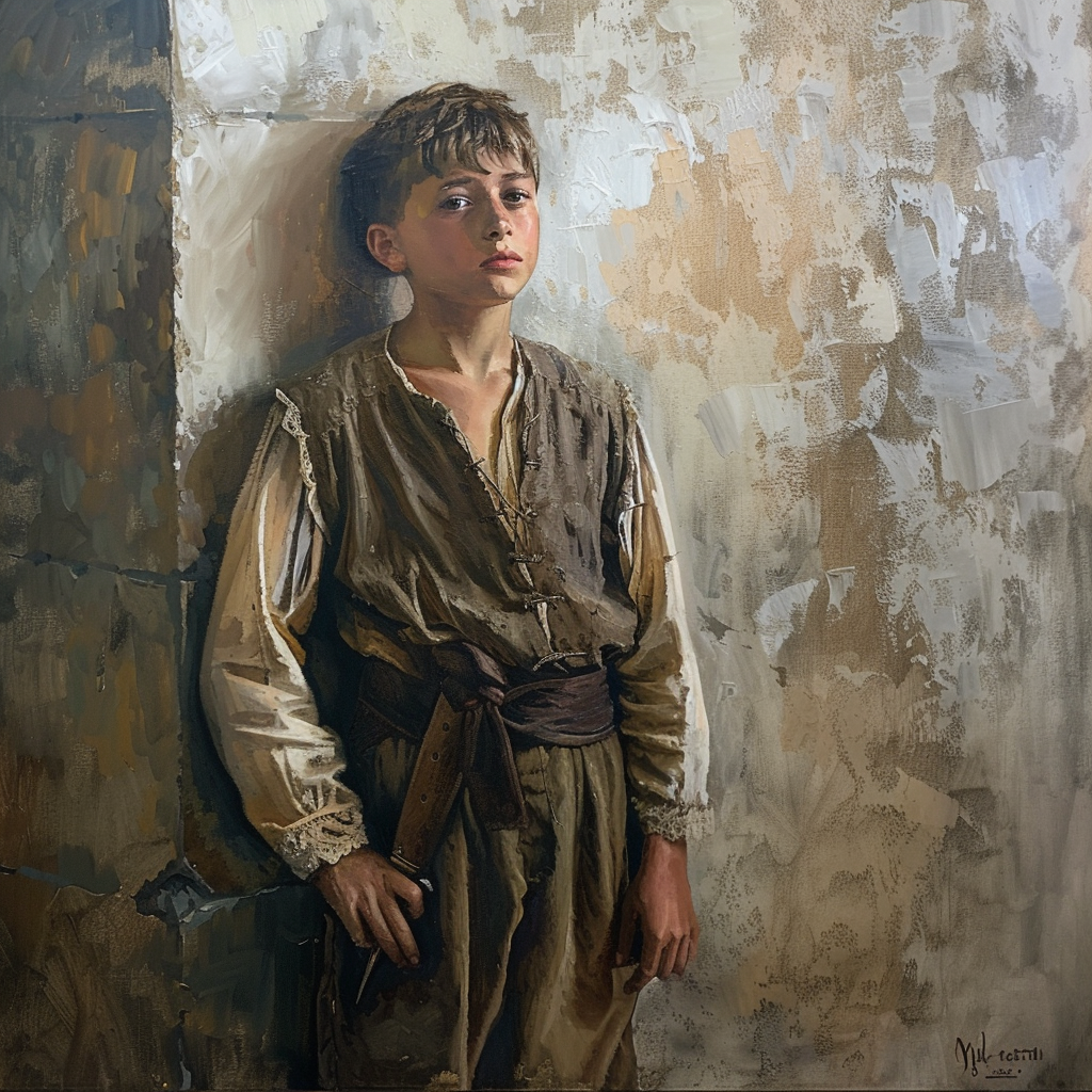 Teenage boy in medieval oil painting