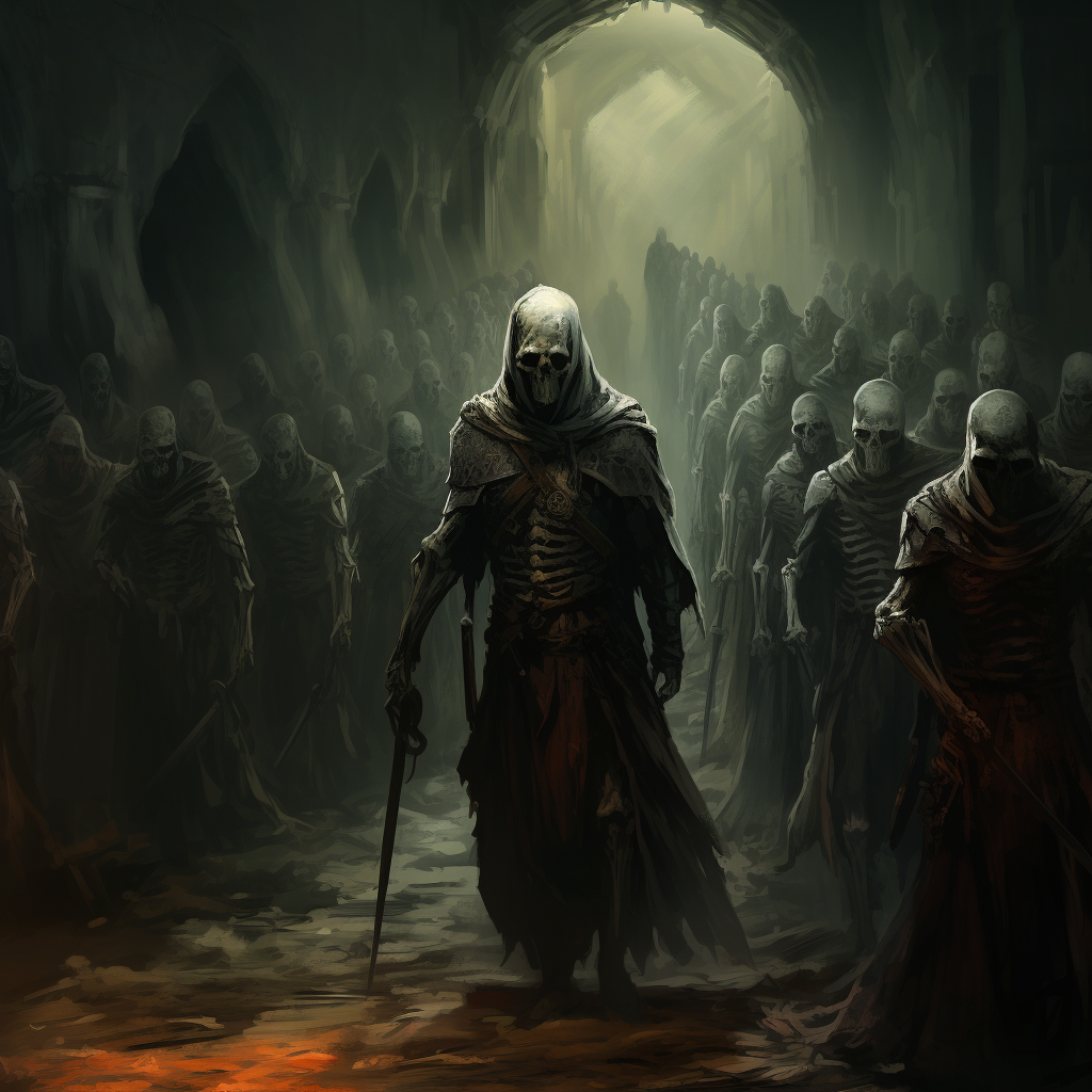 Undead soldiers walking in medieval tunnel