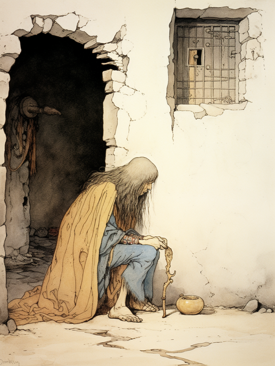 Illustration of a medieval village beggar