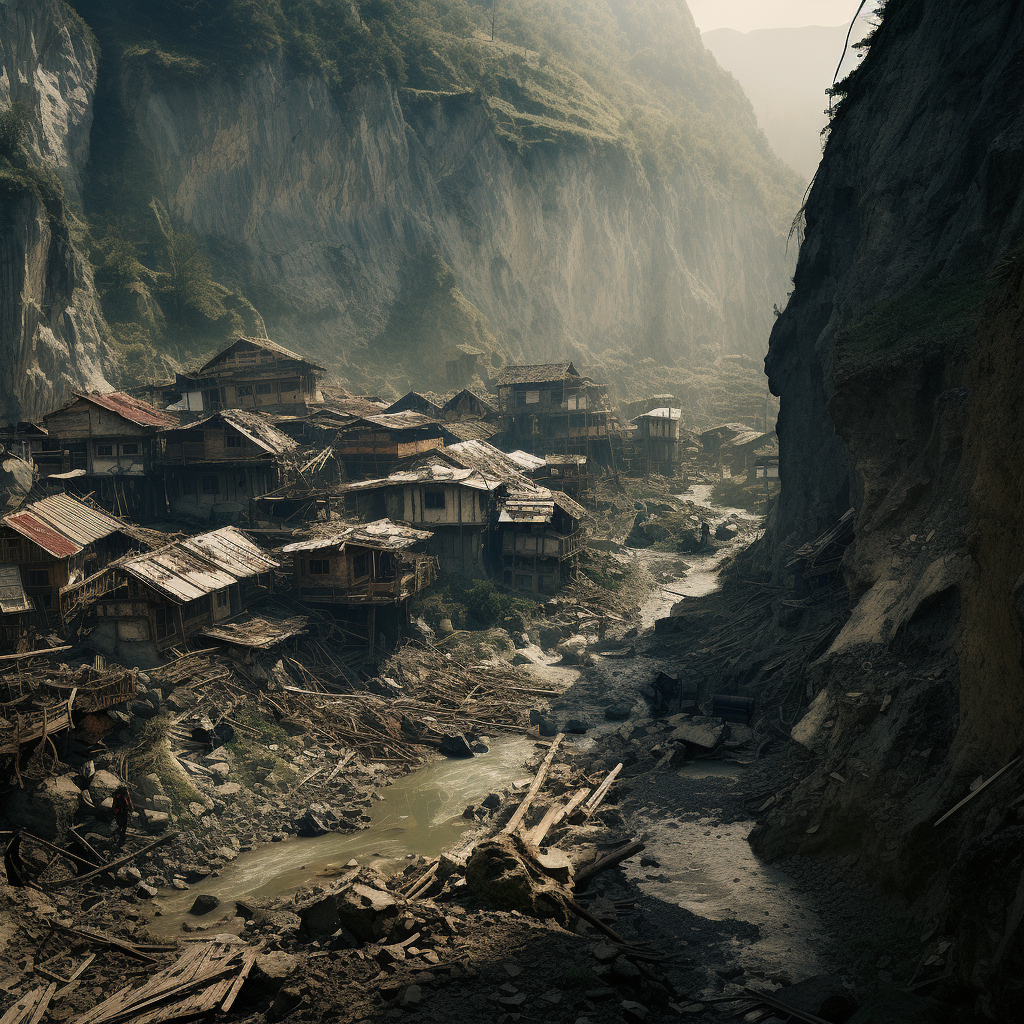 Damaged medieval village after devastating landslide