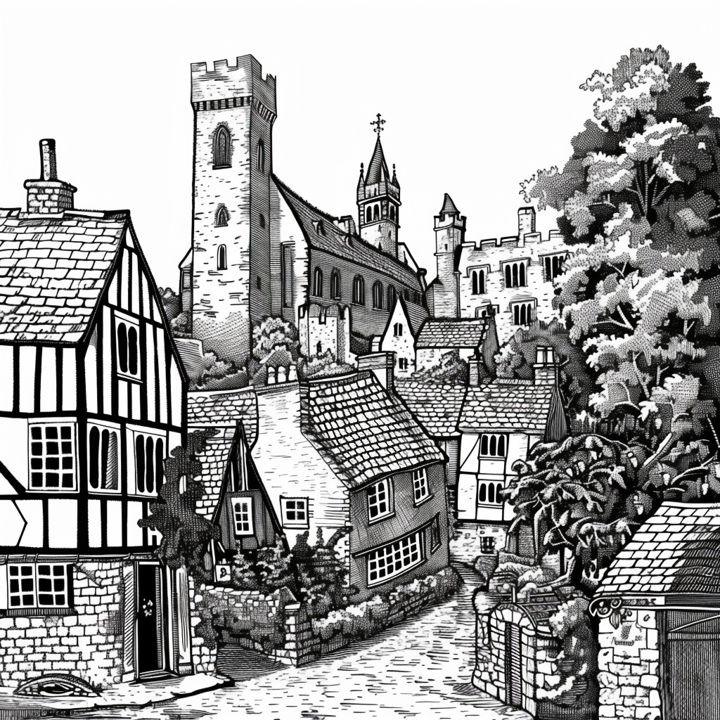 Cartoon Medieval Village England Lineart