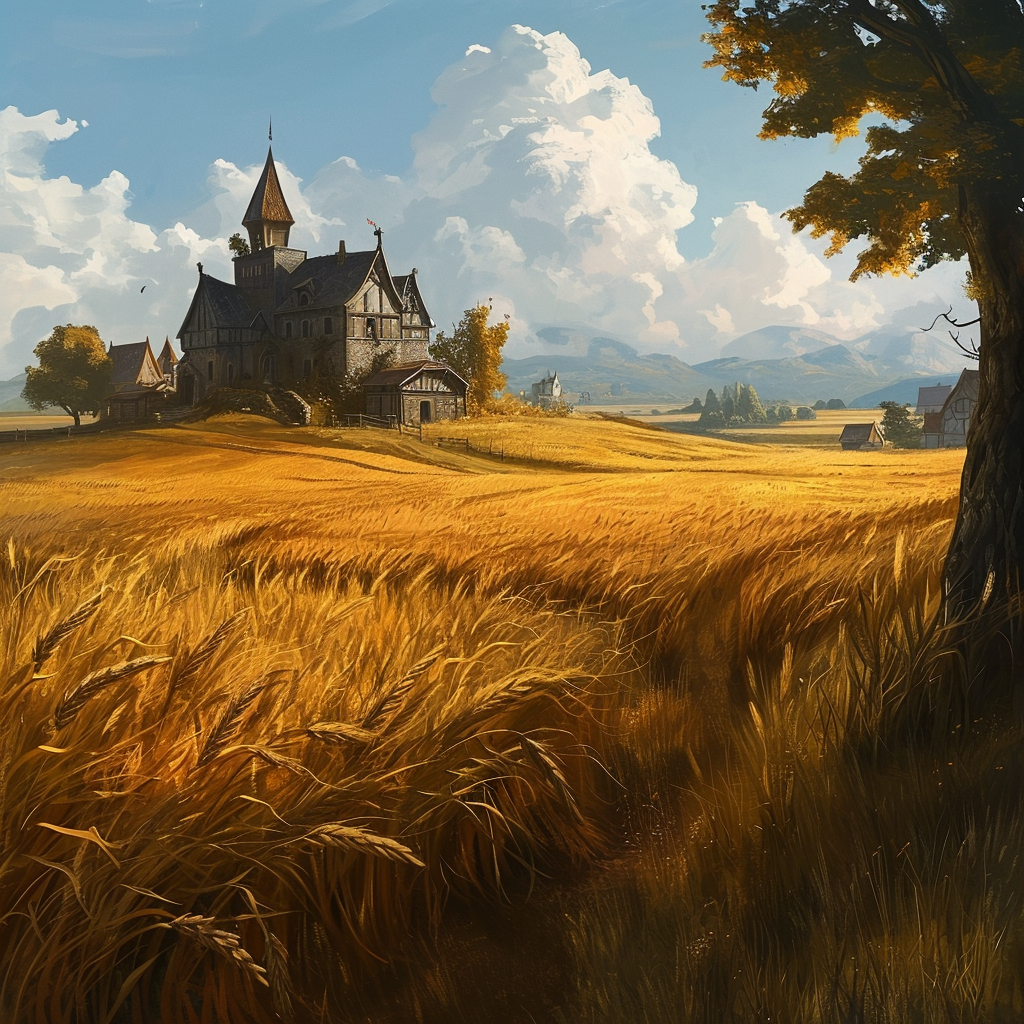 Golden wheat fields in a medieval farmland