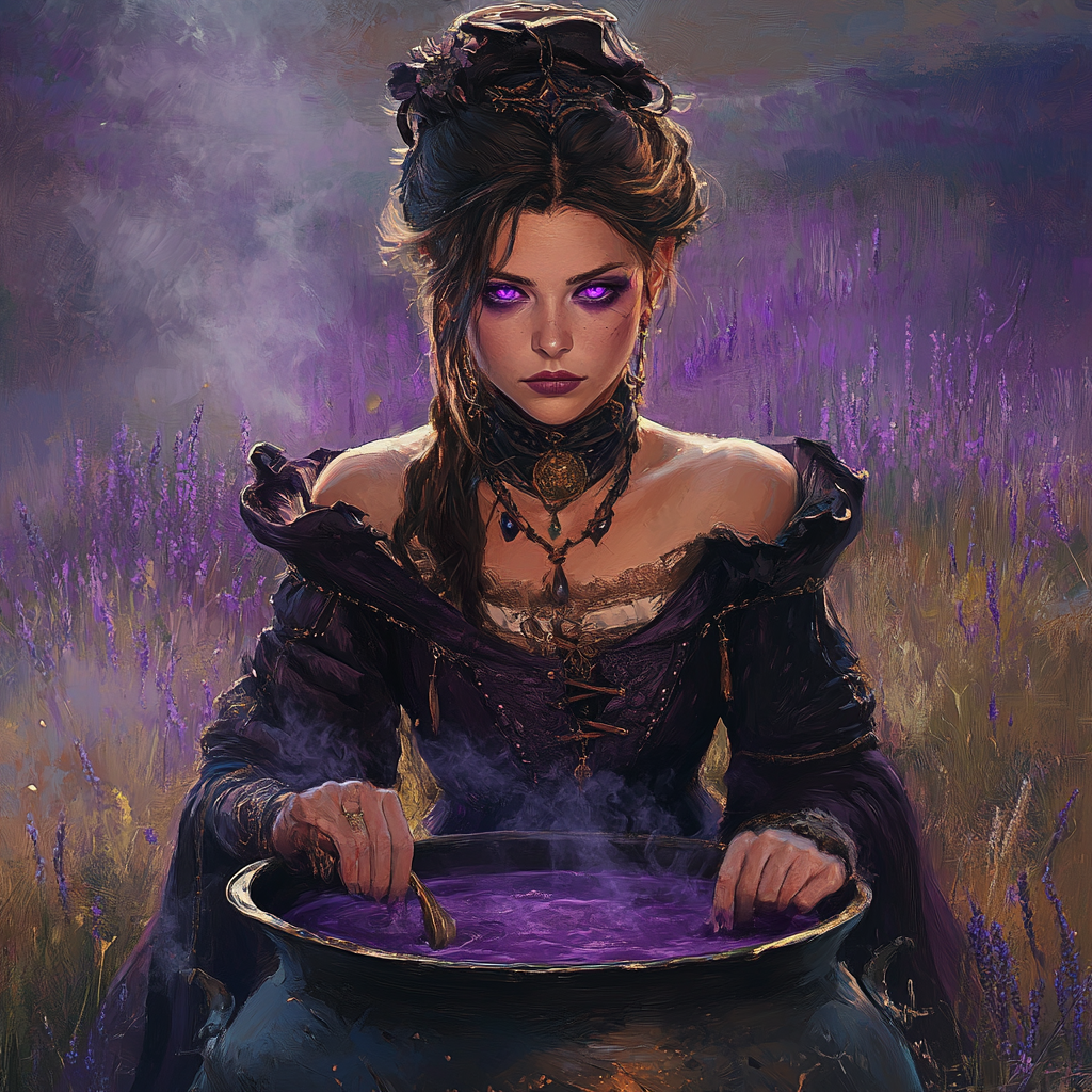 Witch with purple cauldron portrait