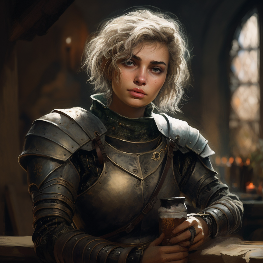 Medieval woman in leather armor at tavern