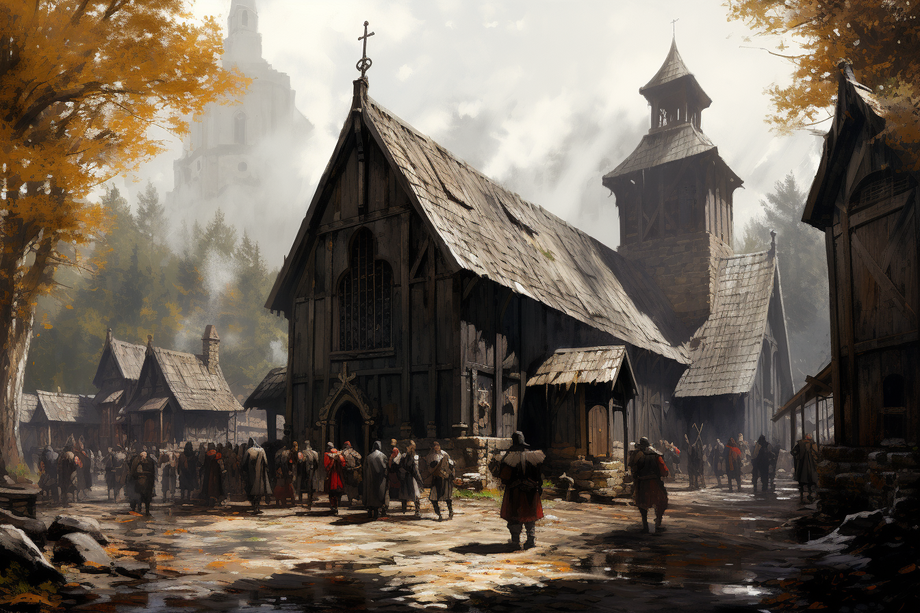 Wooden Church with People in a Fantasy Setting  ?