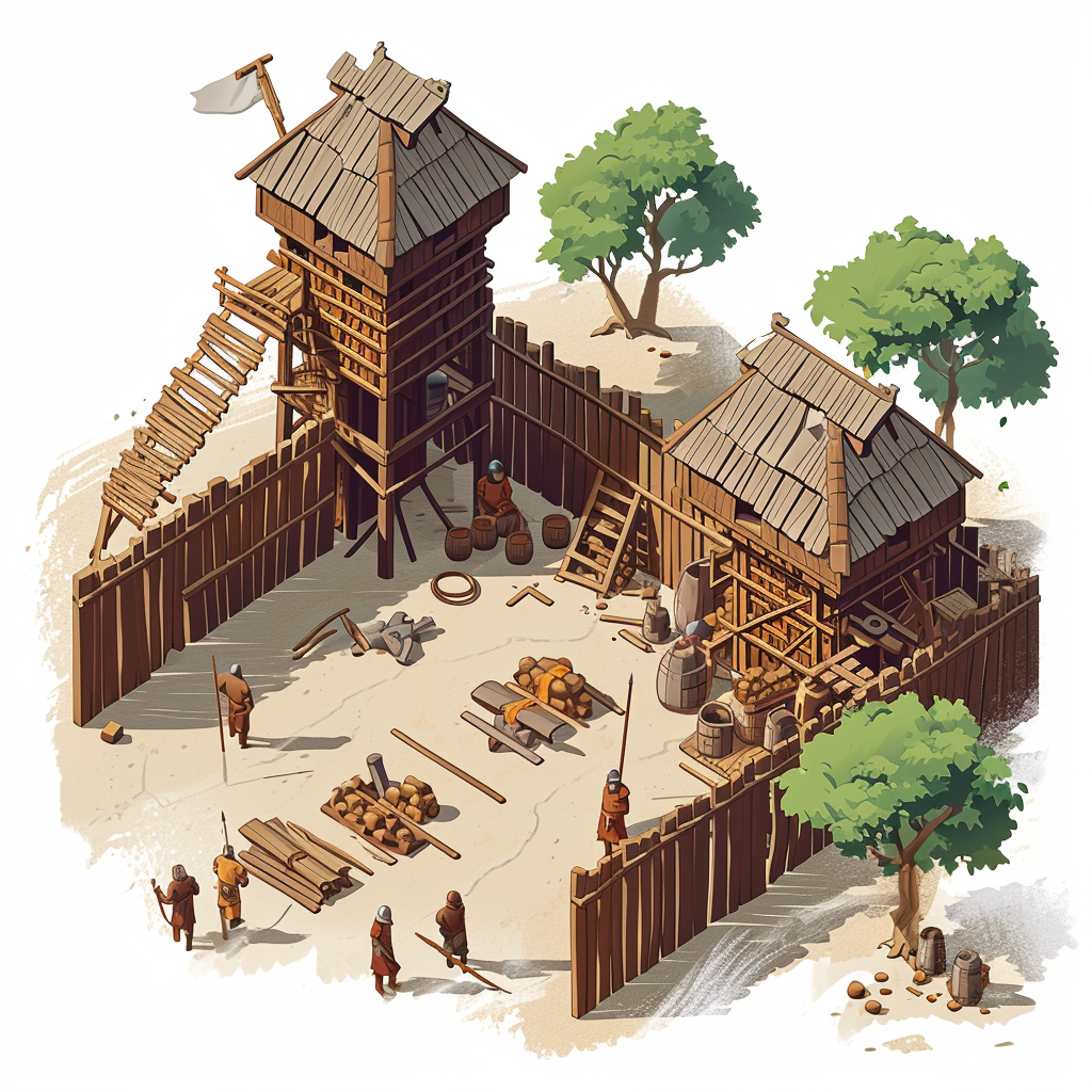 Isometric illustration of medieval wooden palisade construction