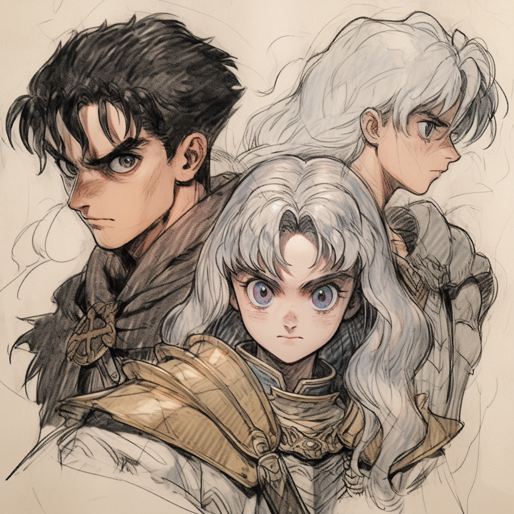 Sketch of three characters in medieval armor