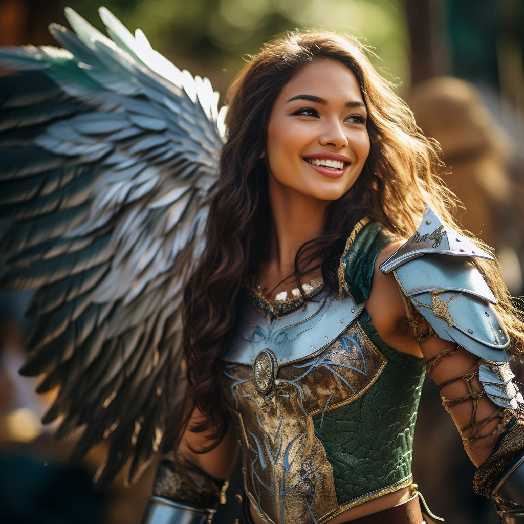 Woman in green and white medieval armor with metal wings