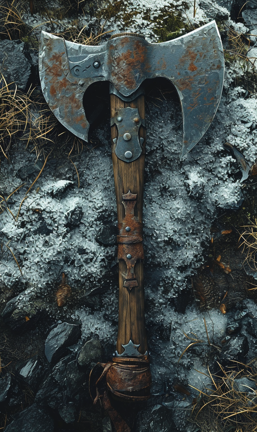 Medieval axe on ground mud grass snow