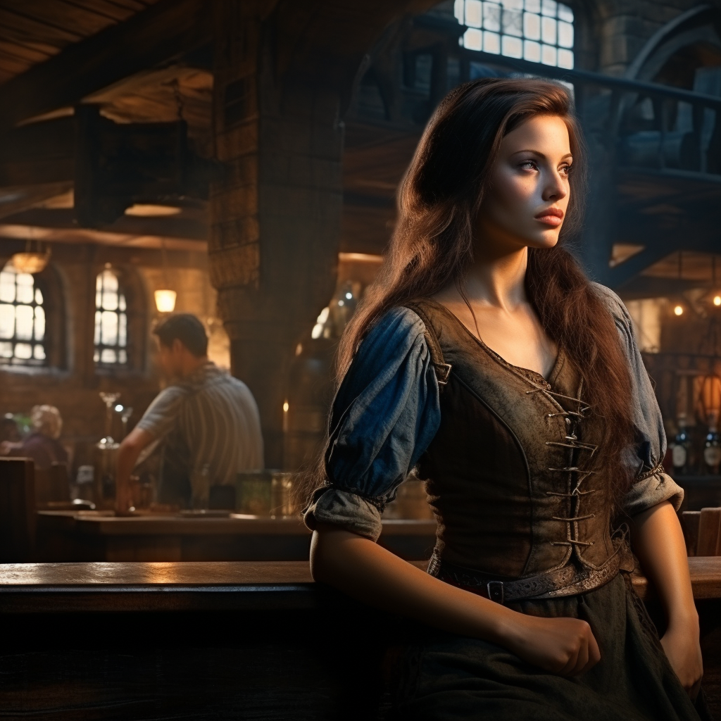 Bar girl in medieval setting serving ale