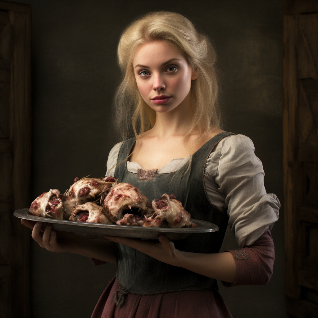 Blonde Barkeep Carrying Platter of Meat