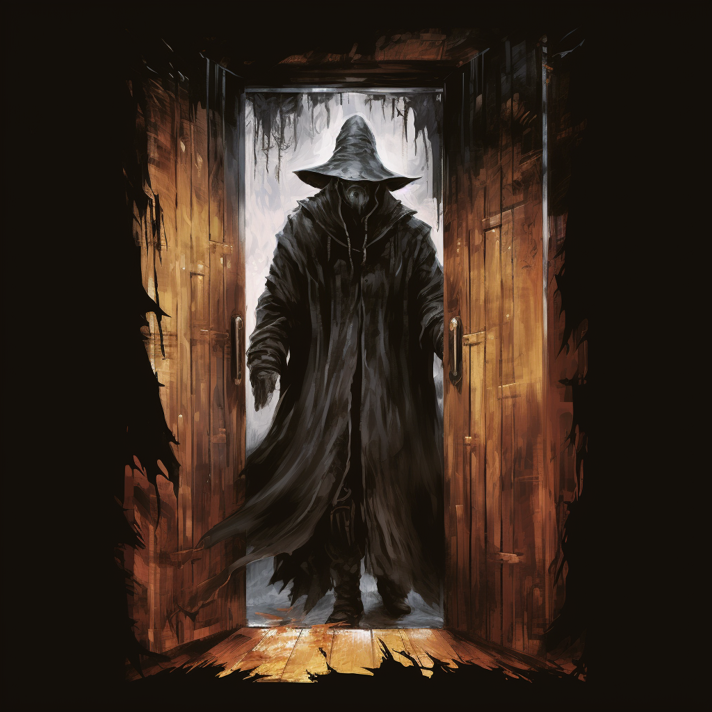 Black hooded man with party hat beside a wooden door